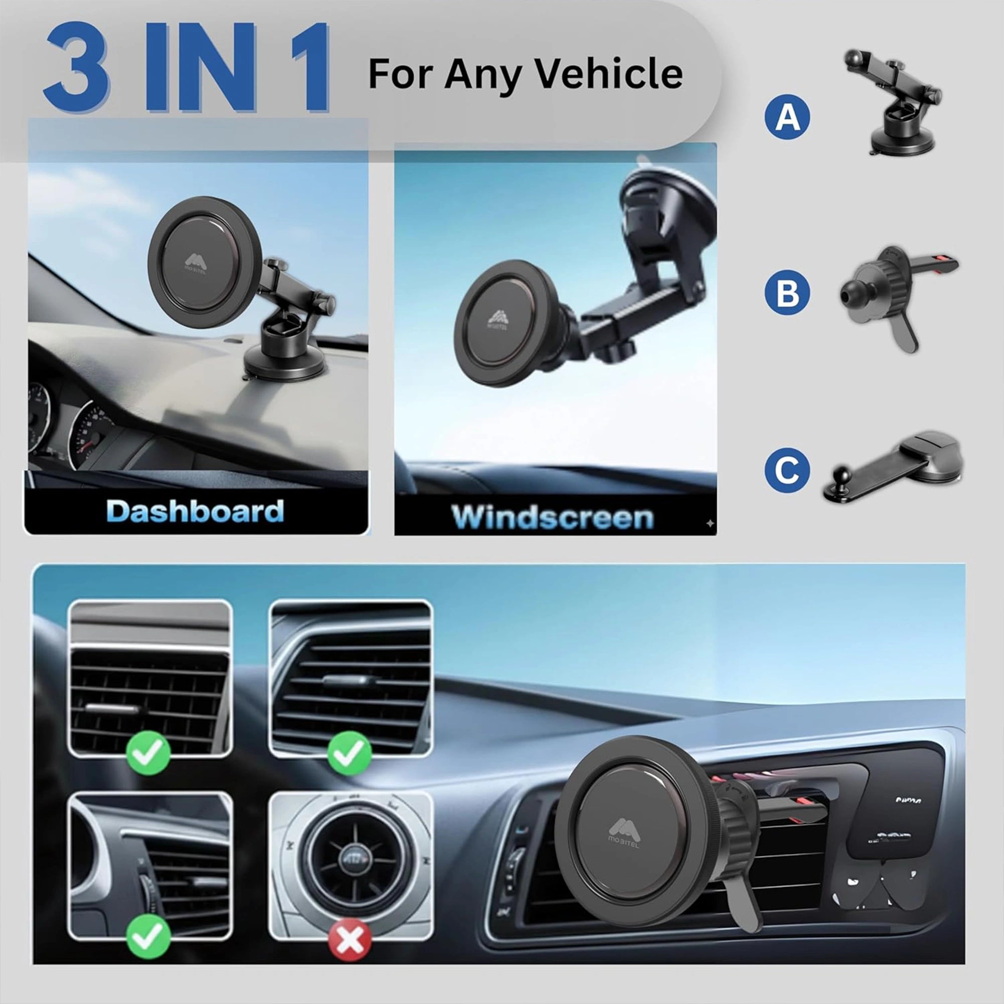 Mobitel MagSafe Magnetic Car Phone Holder 3-in-1 Black