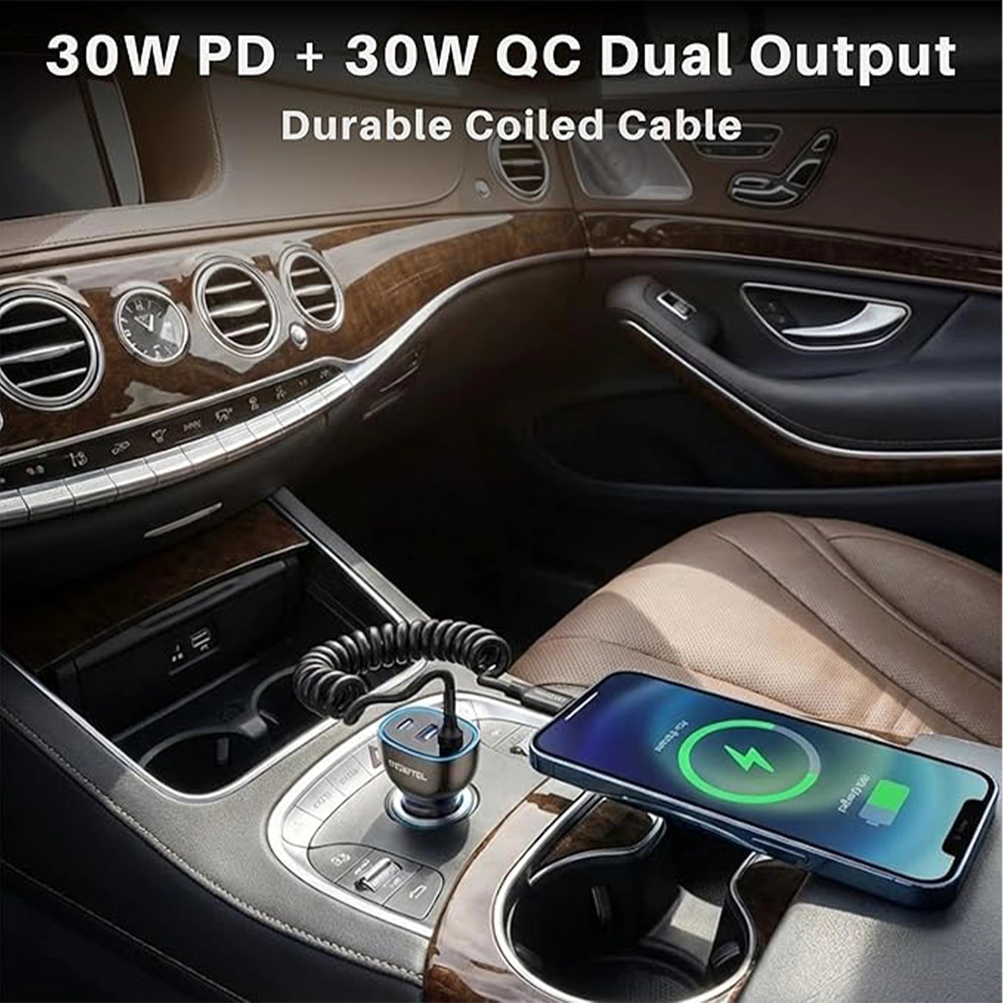 Mobitel 90W Car Charger with Coiled USB-C Cable