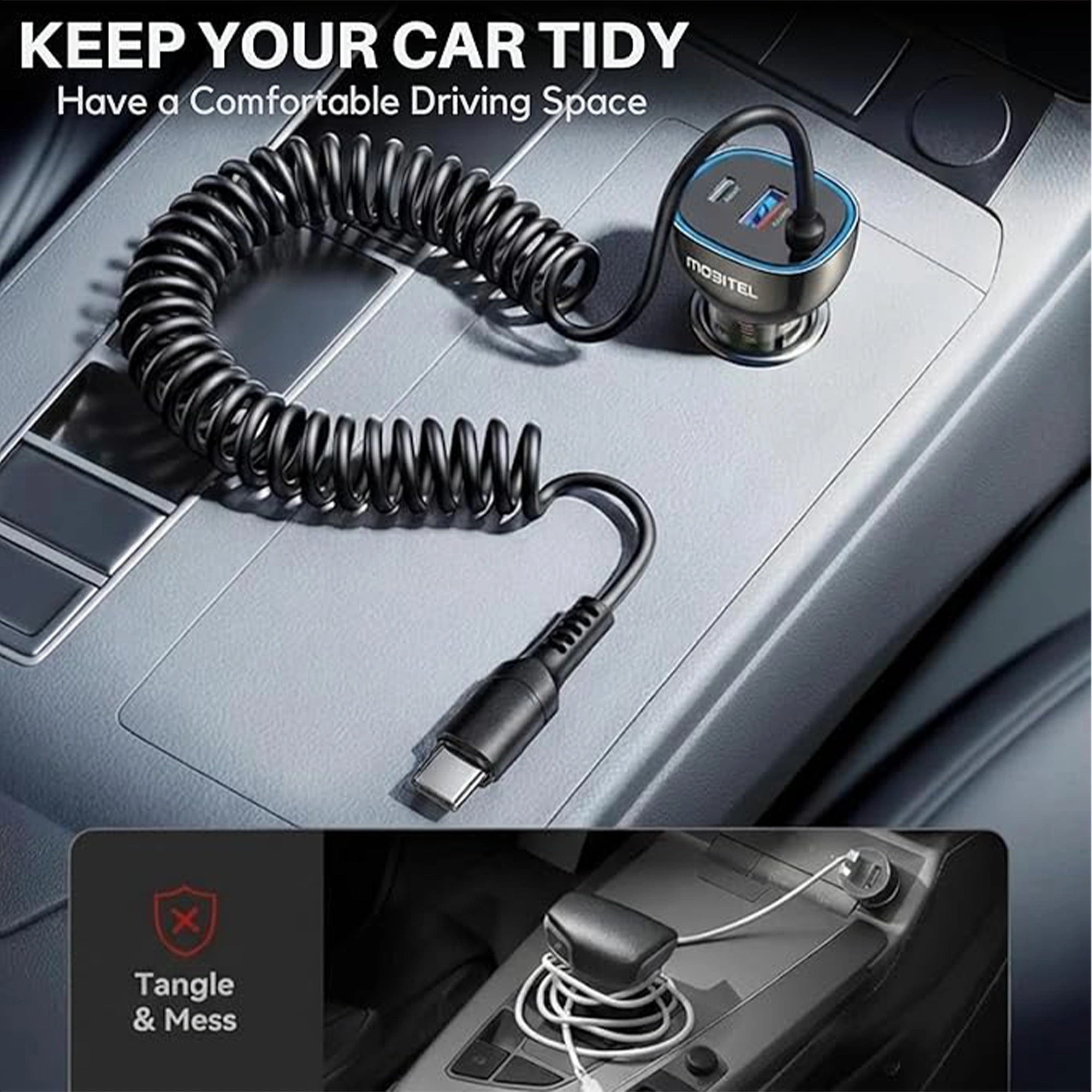 Mobitel 90W Car Charger with Coiled USB-C Cable