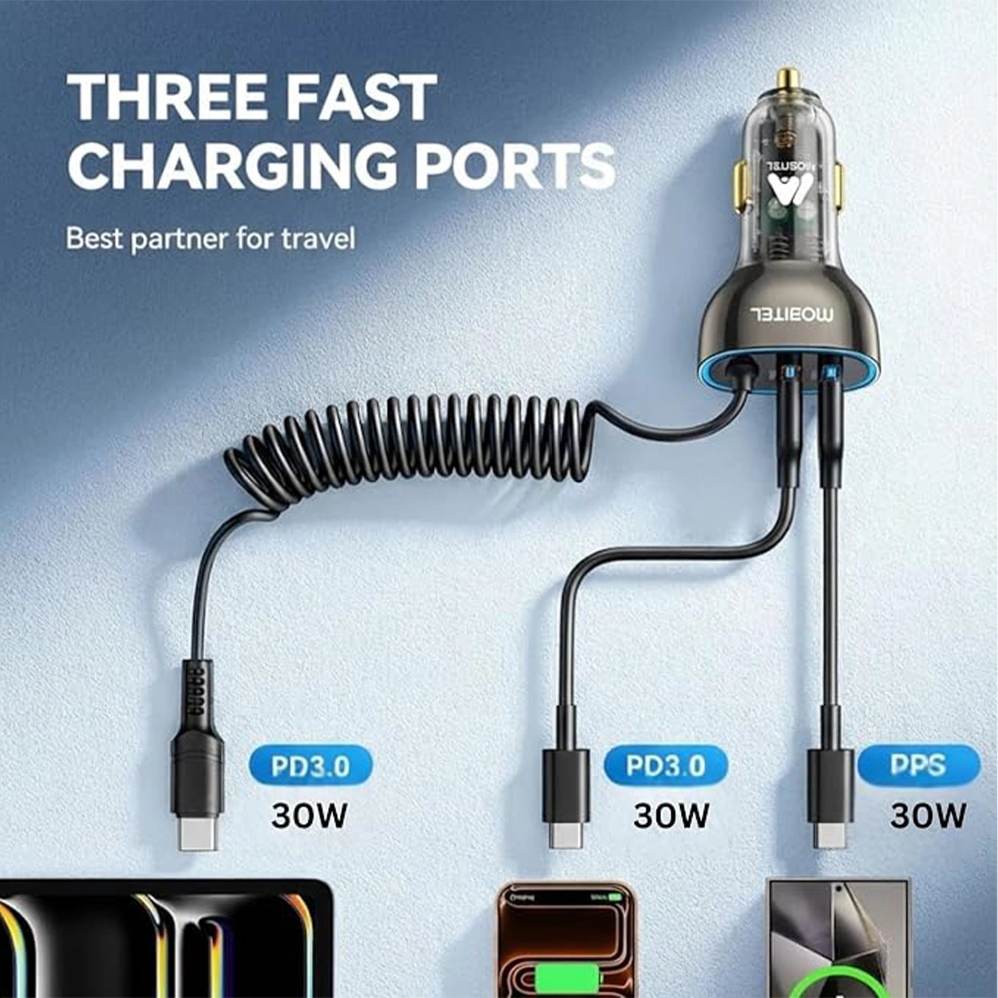 Mobitel 90W Car Charger with Coiled USB-C Cable