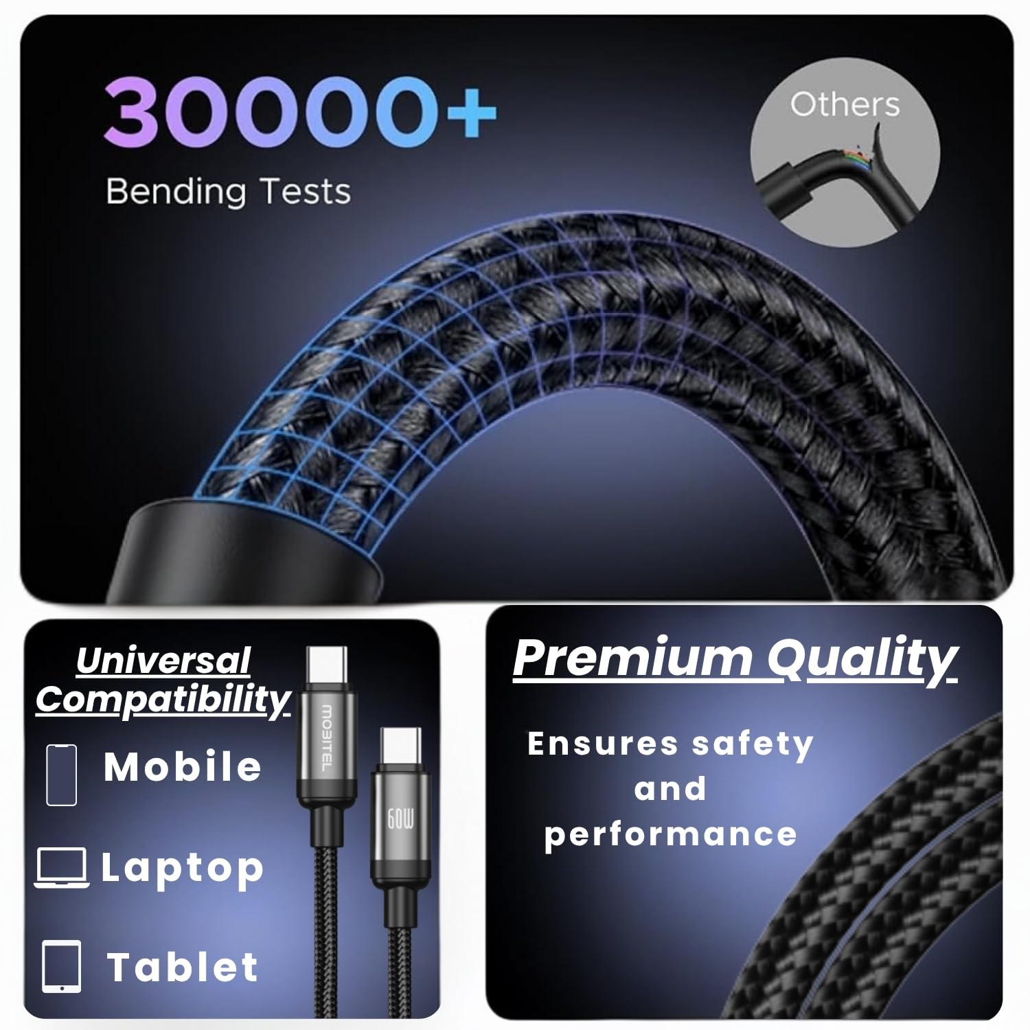 Mobitel USB-C to USB-C Fast Charging Cable 60W 2m 3-Pack