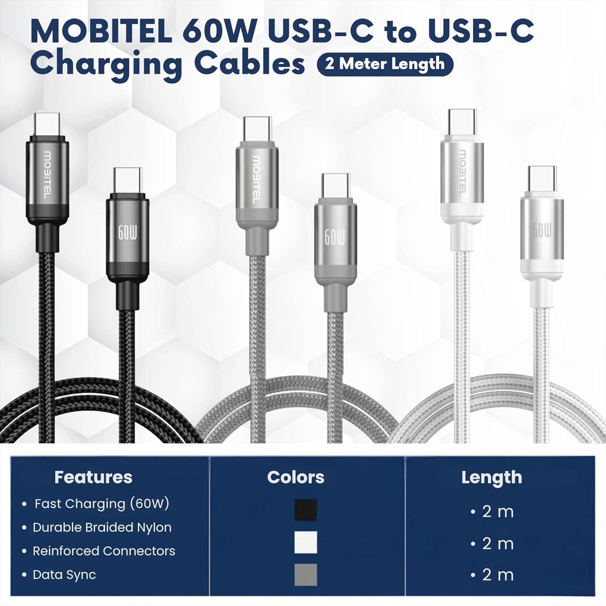 Mobitel USB-C to USB-C Fast Charging Cable 60W 2m 3-Pack