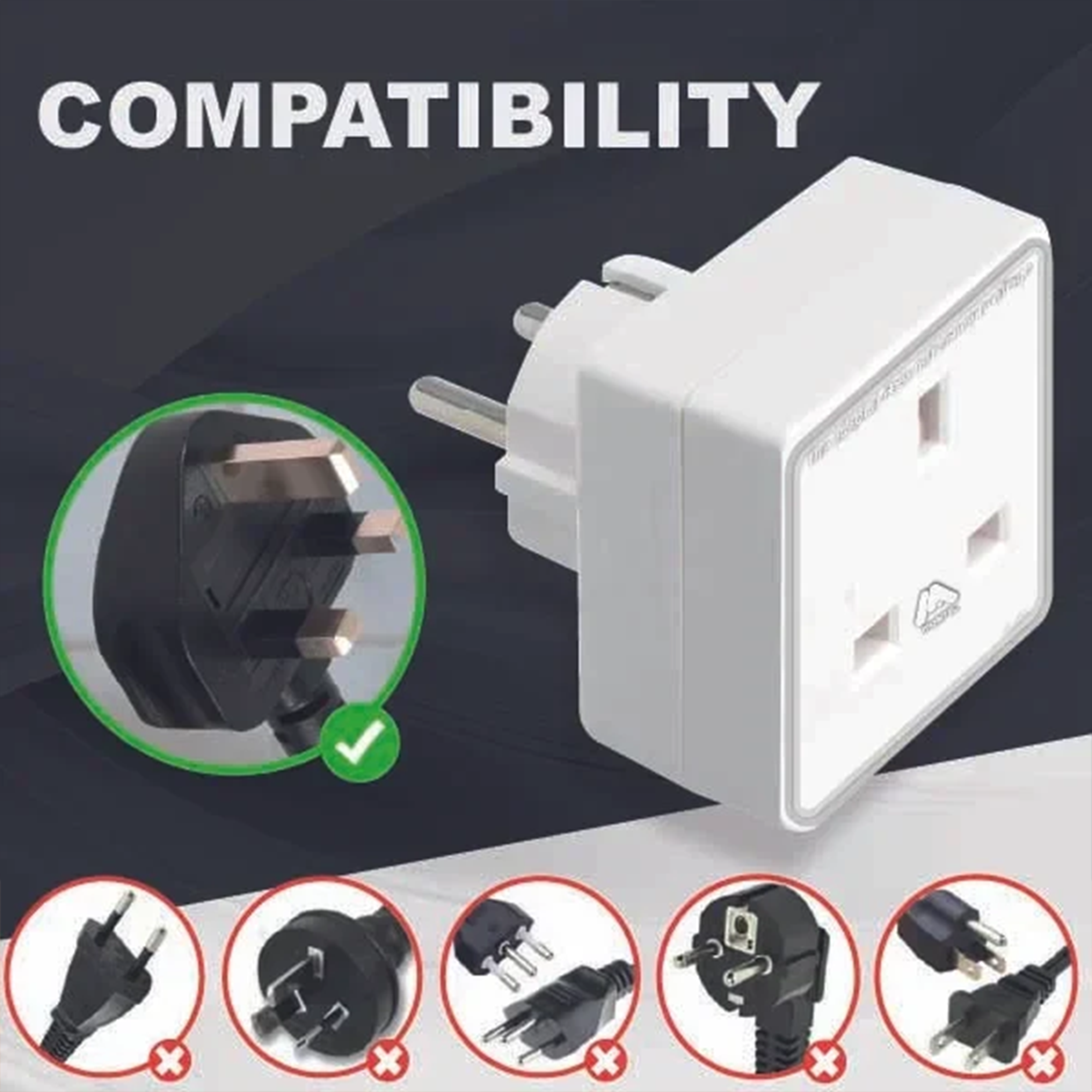 European Travel Adaptor Plug with UK Safety Standards