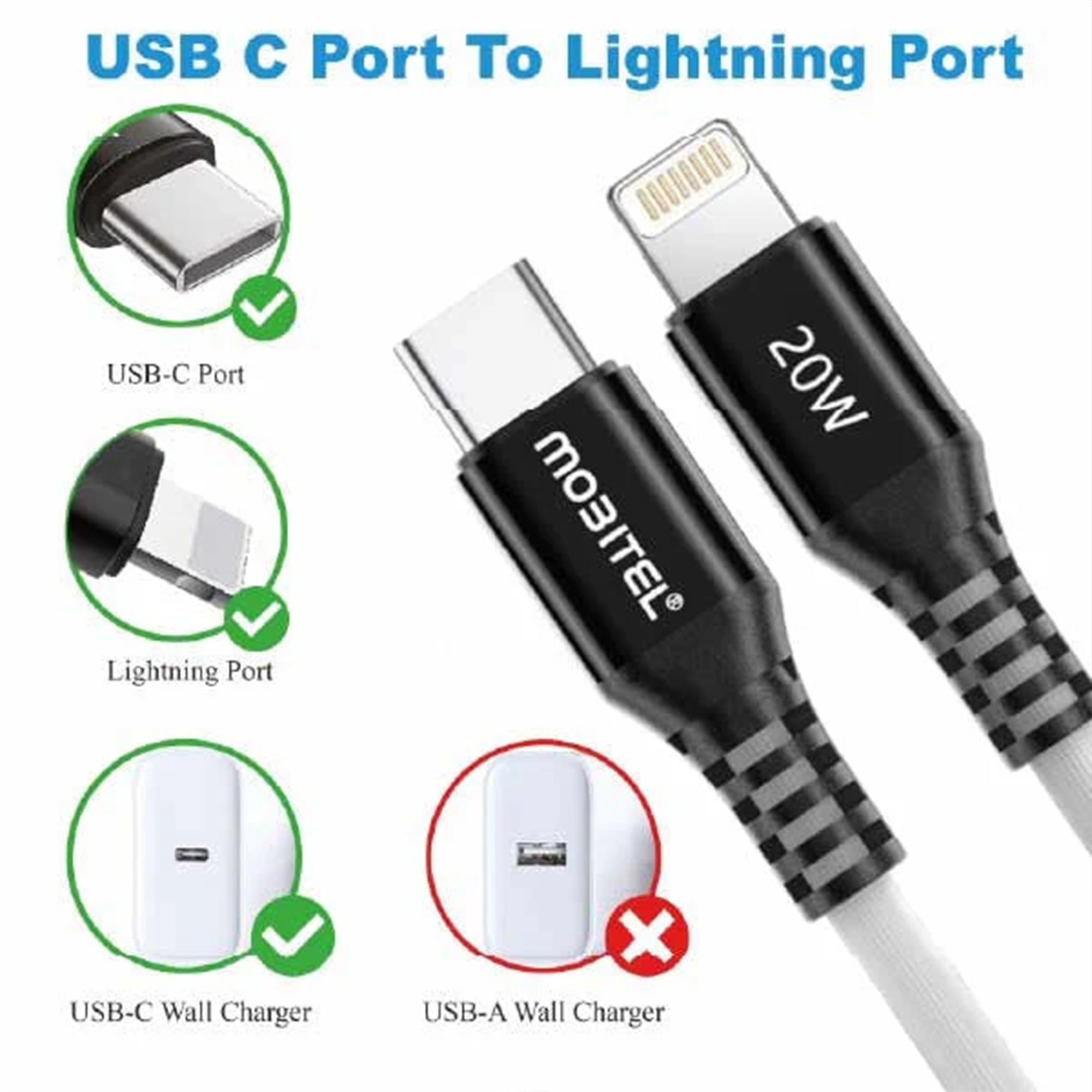 Mobitel USB C to Lightning Cable 1.5 Meter 20W - Nylon Braided