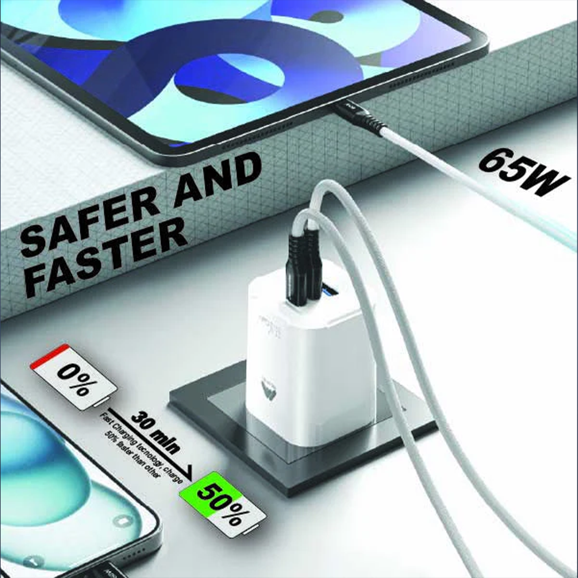 65W Fast Charger 3-Ports Foldable UK Plug with with 60W USB C-to-C Cable