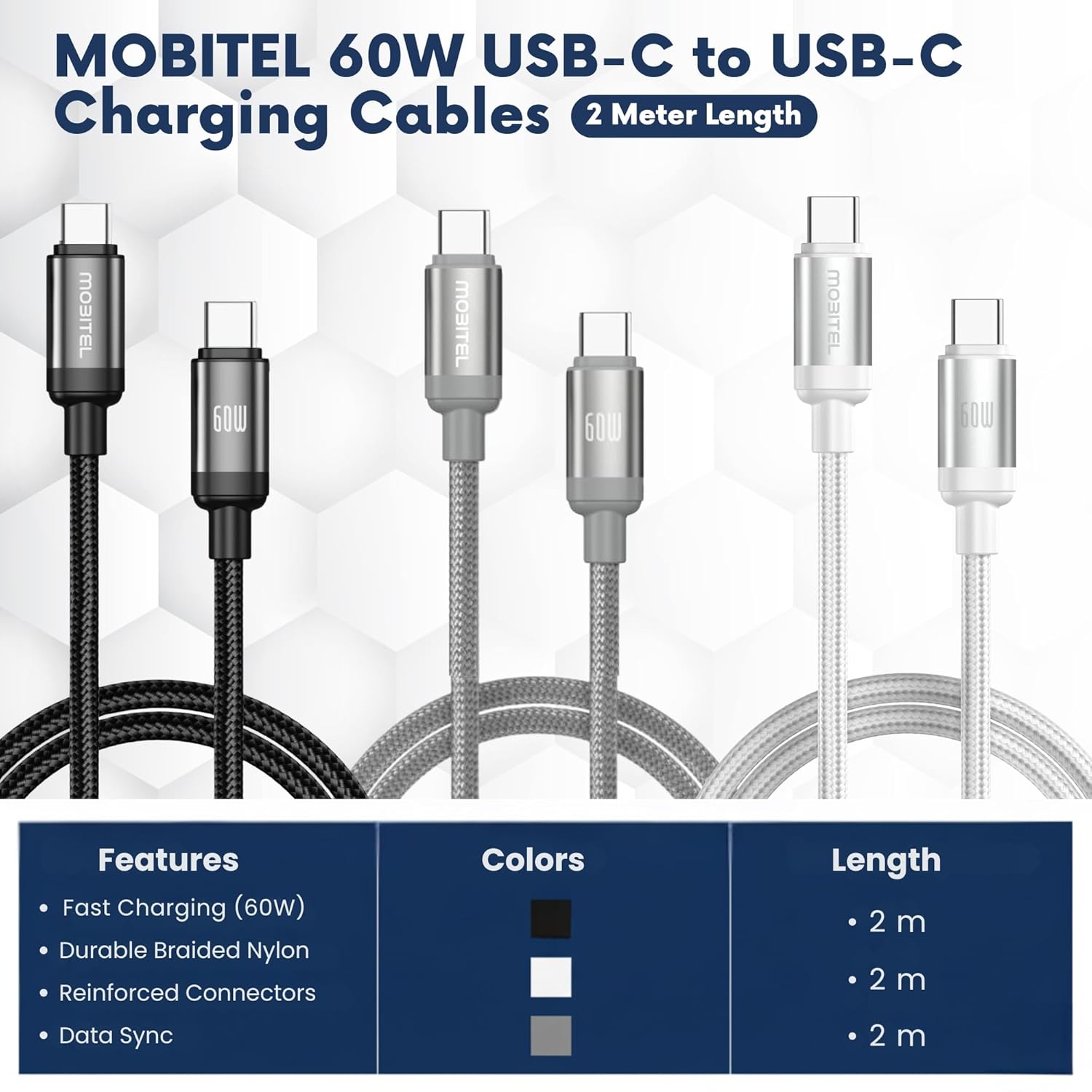 Mobitel USB-C to USB-C Fast Charging Cable 60W 2m 3-Pack