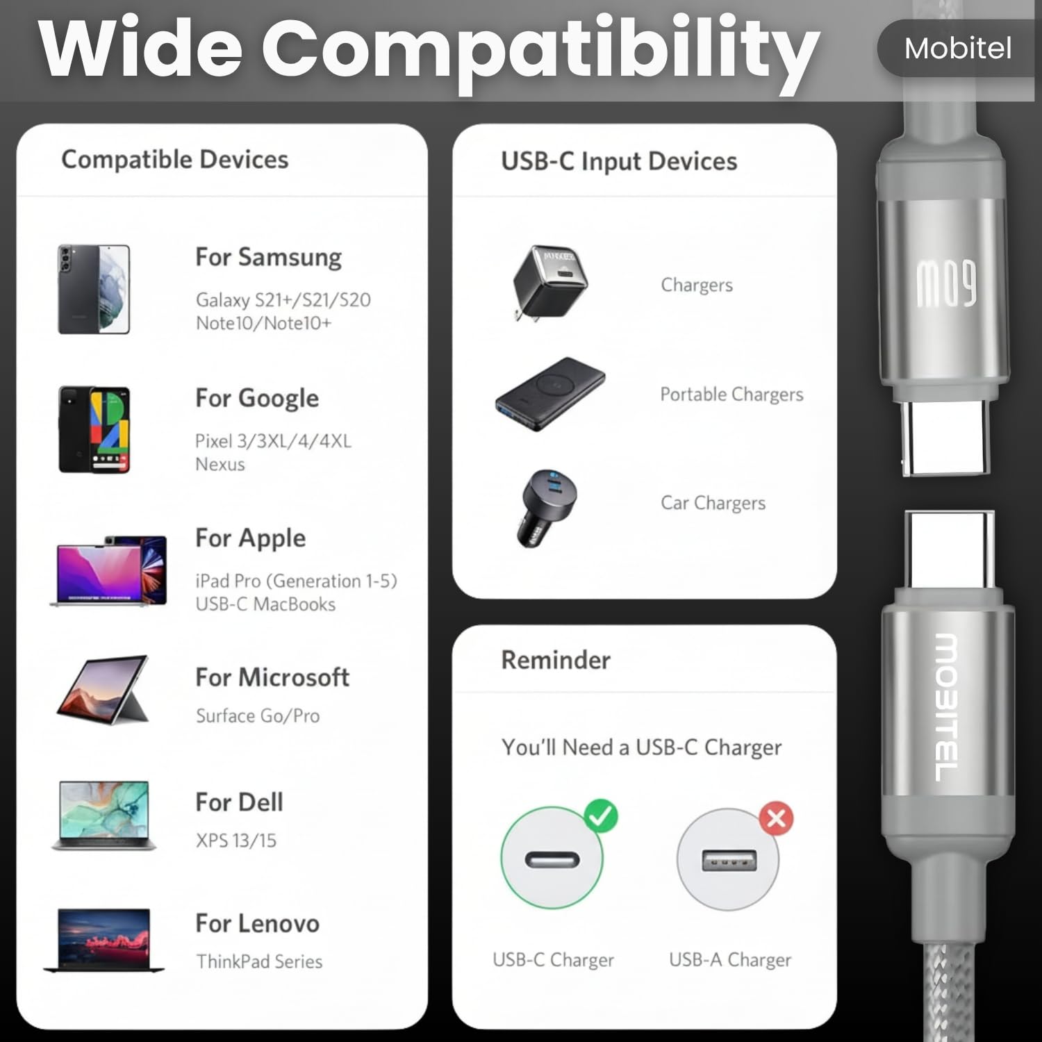 Mobitel USB-C to USB-C Fast Charging Cable 60W 2m 3-Pack