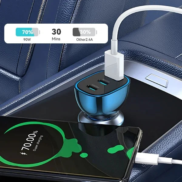 BWOO 90W 3-Ports Transparent Charger with 2 PD Ports and USB-A Car Charger