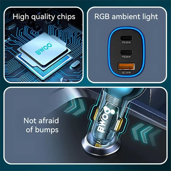 BWOO 90W 3-Ports Transparent Charger with 2 PD Ports and USB-A Car Charger