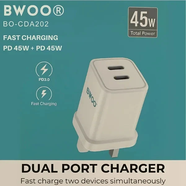 BWOO BO-CDA202 45W Dual Port Fast Charger | PD 45W + QC 3.0