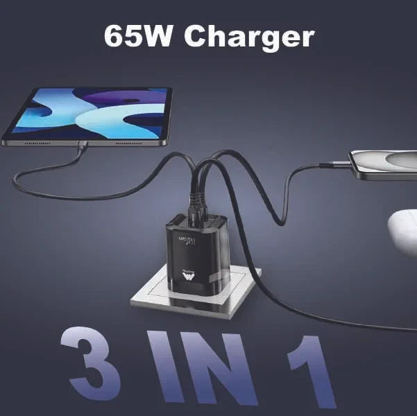 Mobitel USB-C Charger Plug, 65W Fast Charger 3-Ports Foldable UK Plug with 60W C-to-C Cable, for MacBook/iPhone/iPad/All USB-C Devices Black