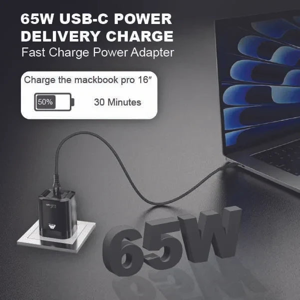 Mobitel USB-C Charger Plug, 65W Fast Charger 3-Ports Foldable UK Plug with 60W C-to-C Cable, for MacBook/iPhone/iPad/All USB-C Devices Black