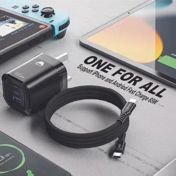 Mobitel USB-C Charger Plug, 65W Fast Charger 3-Ports Foldable UK Plug with 60W C-to-C Cable, for MacBook/iPhone/iPad/All USB-C Devices Black