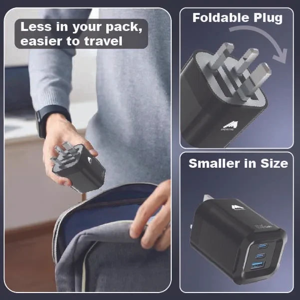 Mobitel USB-C Charger Plug, 65W Fast Charger 3-Ports Foldable UK Plug with 60W C-to-C Cable, for MacBook/iPhone/iPad/All USB-C Devices Black