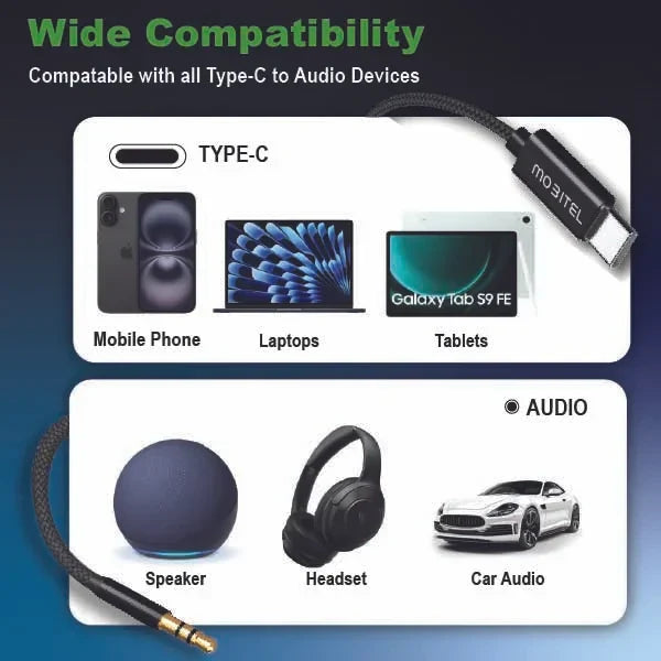 Mobitel USB C to Aux 3.5mm Audio Jack Cable, 1M Type C to Audio Nylon Braided Cable,Headphone Cord Car Stereo Compatible with Samsung, iPhone, iPad