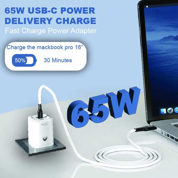 Mobitel USB-C Charger Plug, 65W Fast Charger 3-Ports Foldable UK Plug with 60W C-to-C Cable, for MacBook/iPhone/iPad/All USB-C Devices White