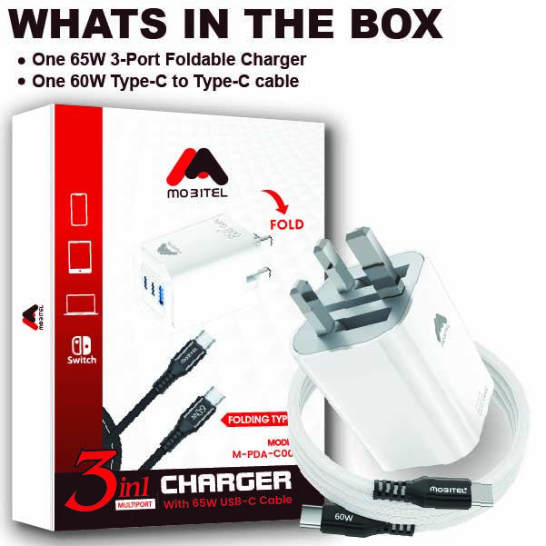 Mobitel USB-C Charger Plug, 65W Fast Charger 3-Ports Foldable UK Plug with 60W C-to-C Cable, for MacBook/iPhone/iPad/All USB-C Devices White