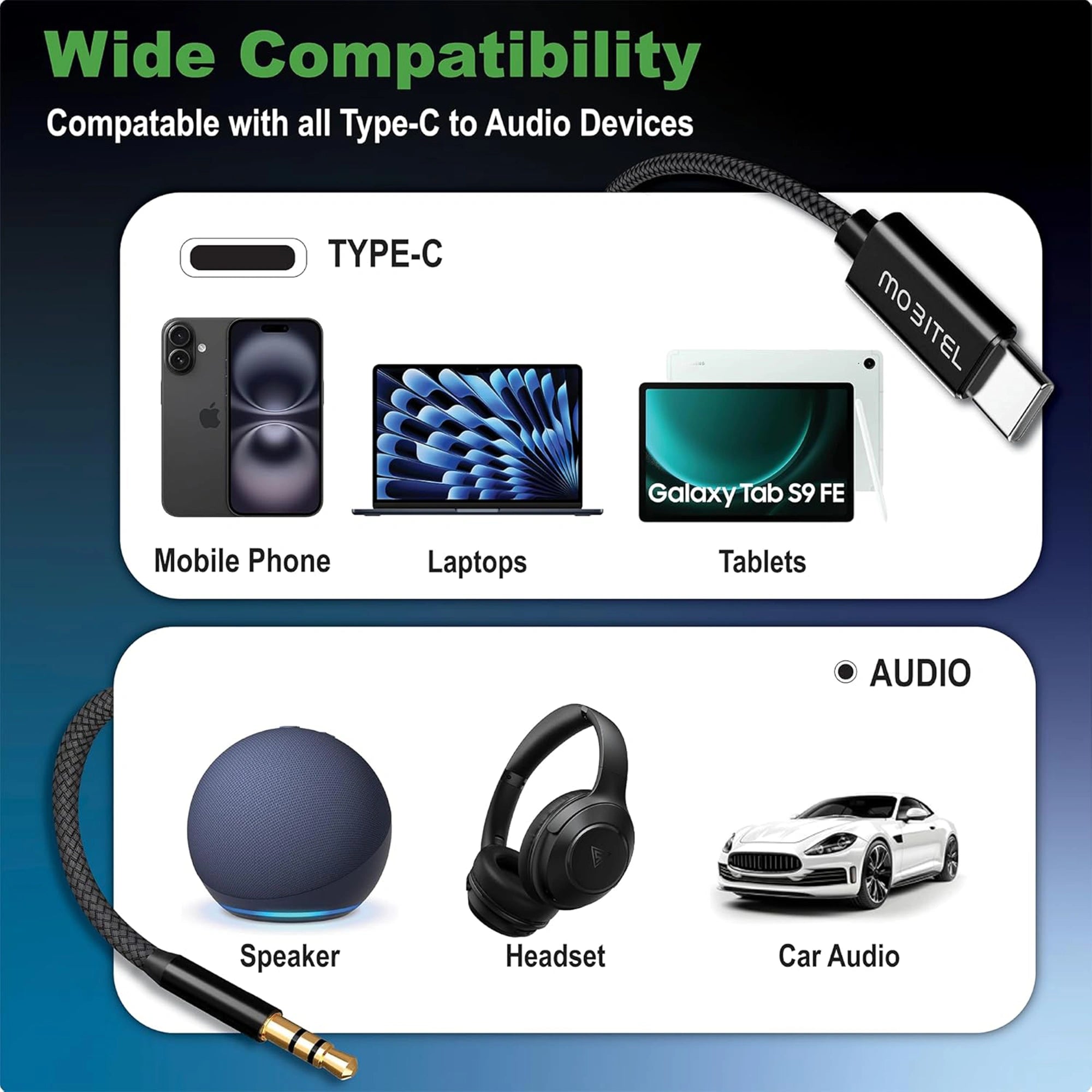 Mobitel USB-C to Aux Cable 1M/2M Hi-Fi Stereo for Car & Headphones