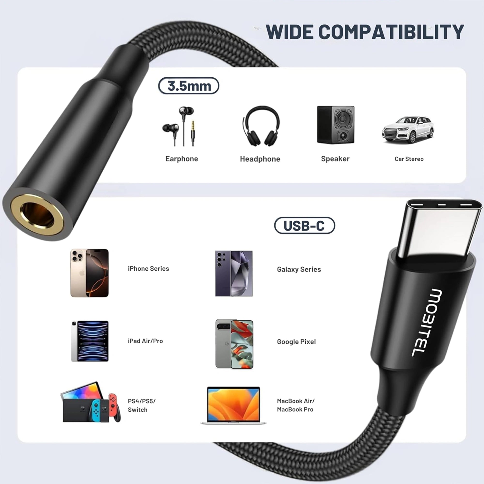 Mobitel USB-C to 3.5mm Headphone Adapter Hi-Fi DAC with Mic Support