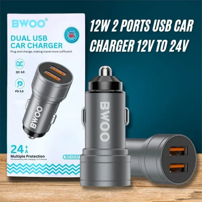 12W 2 Ports USB Car Charger 12V to 24V