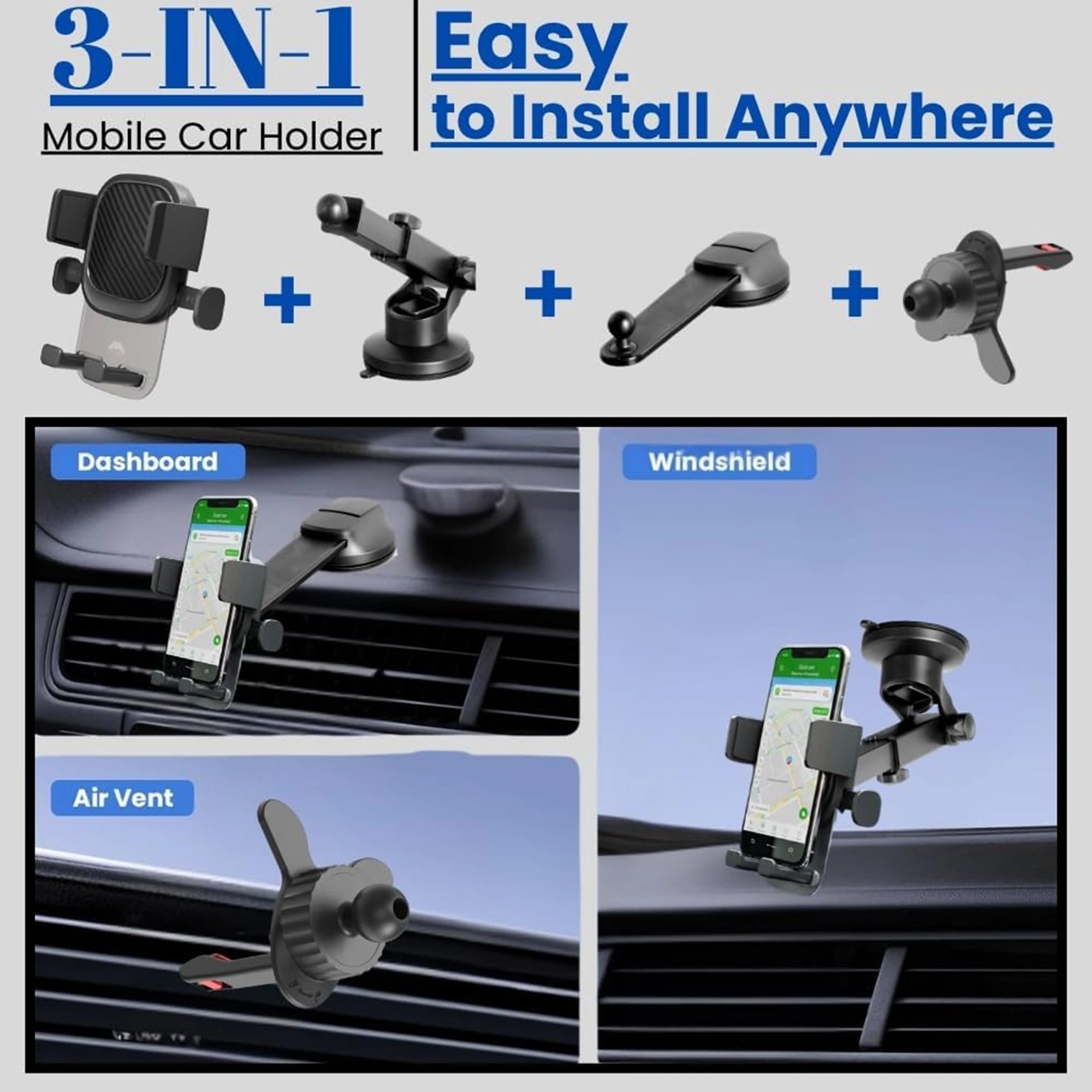 Mobitel 3-in-1 Car Phone Holder Dashboard Windscreen Air Vent Black