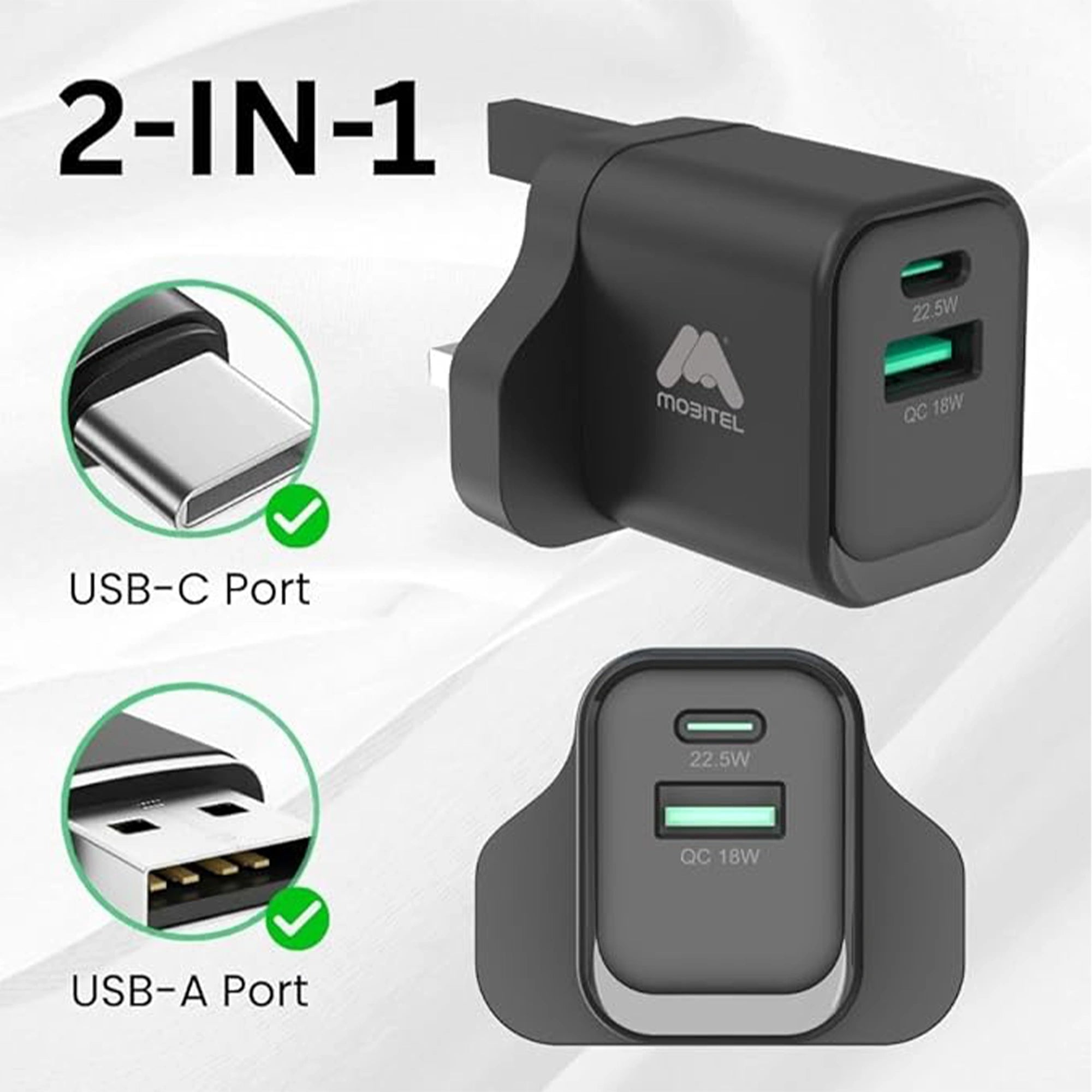 Mobitel 22.5W GaN Fast Wall Charger Black/White