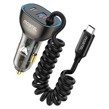 Mobitel 90W Car Charger with Coiled USB-C Cable