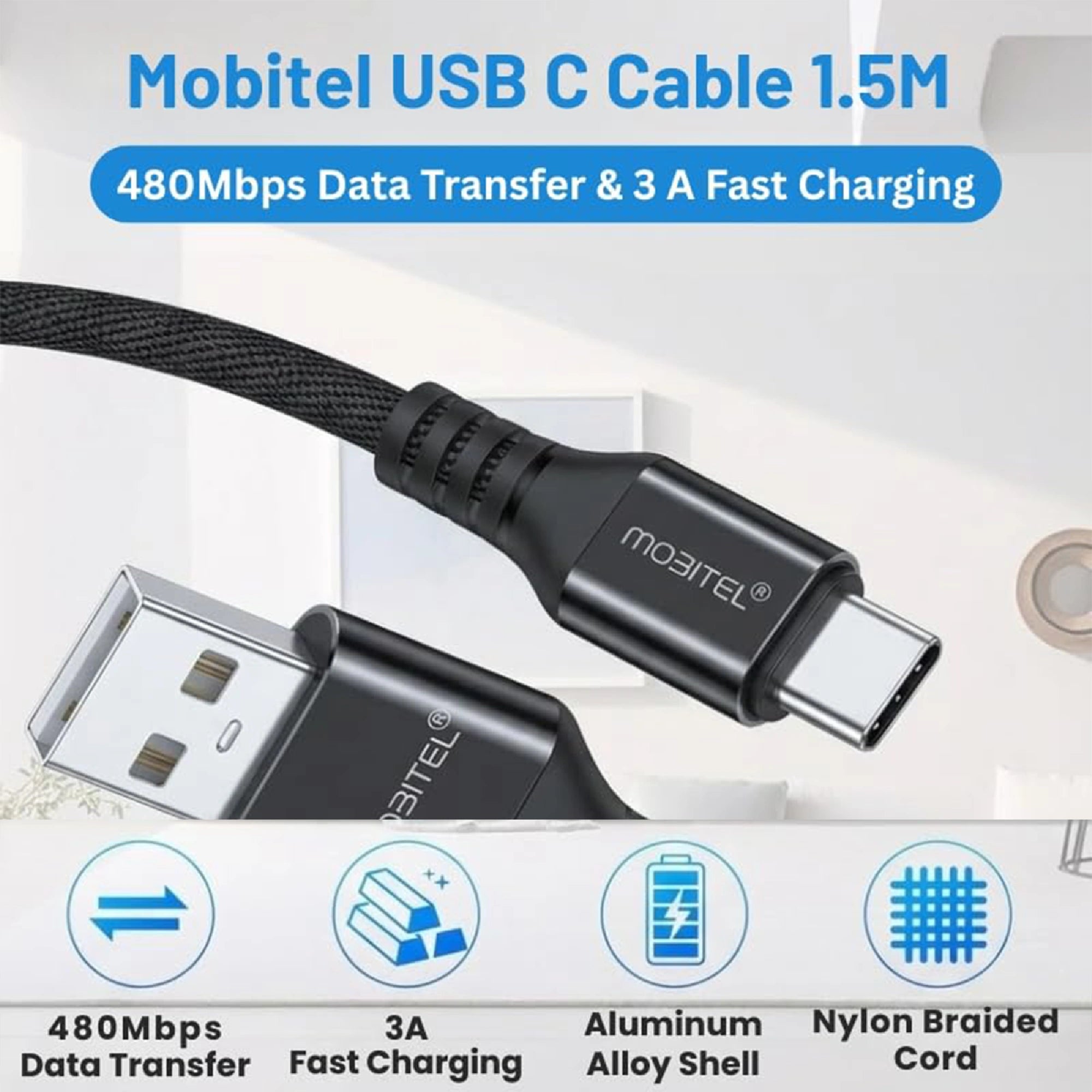Mobitel USB-A to USB-C Charging Cable 1.5m