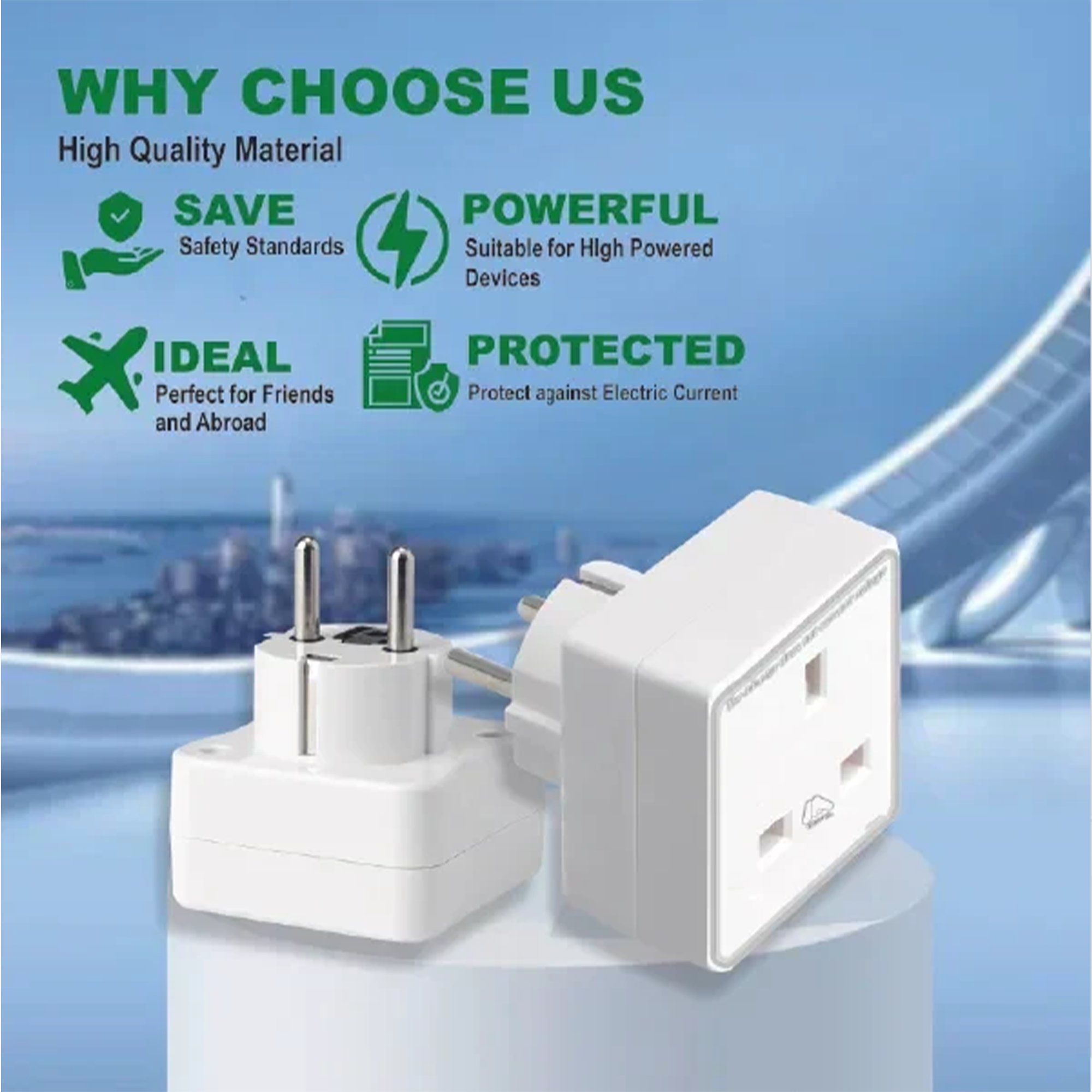 European Travel Adaptor Plug with UK Safety Standards