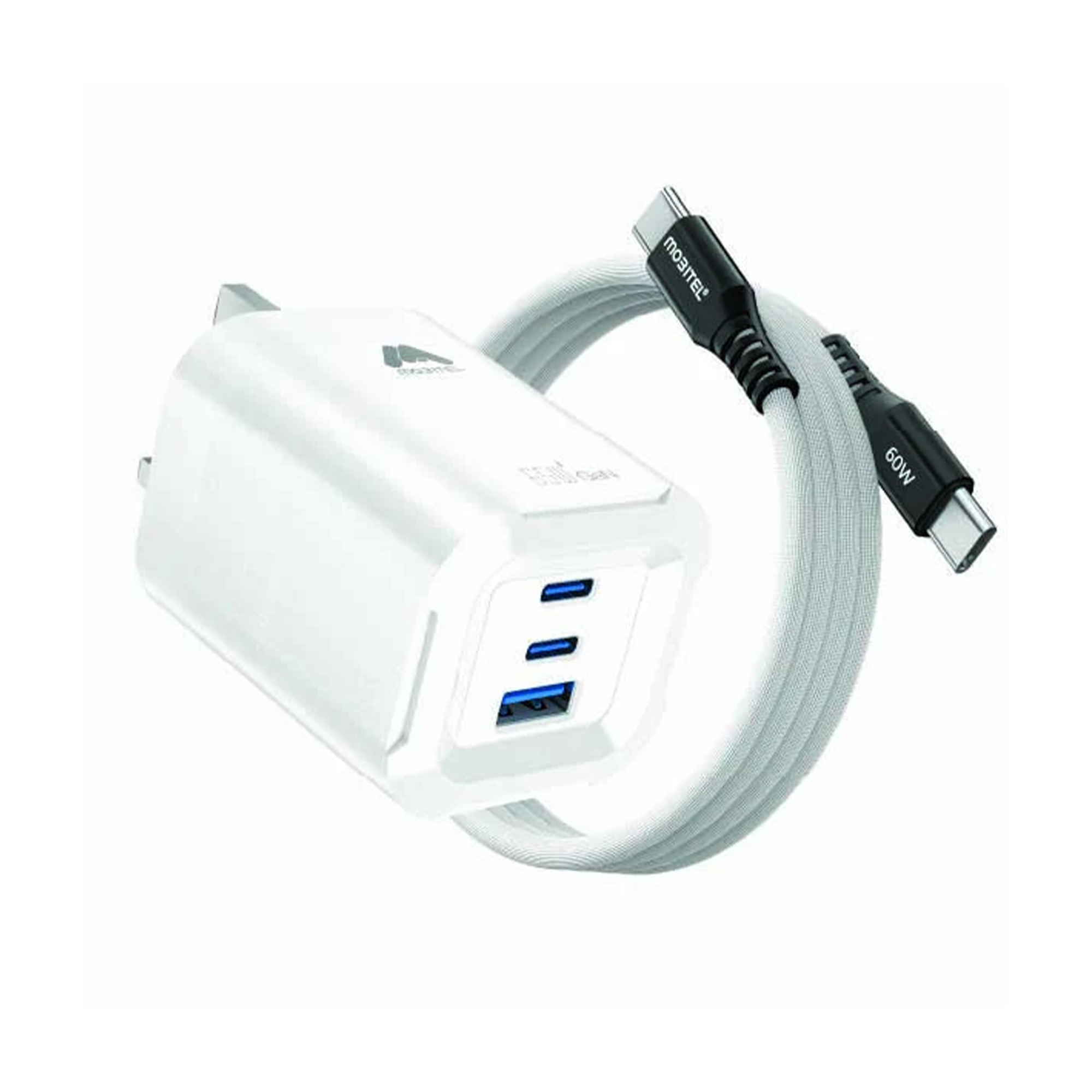 65W Fast Charger 3-Ports Foldable UK Plug with with 60W USB C-to-C Cable