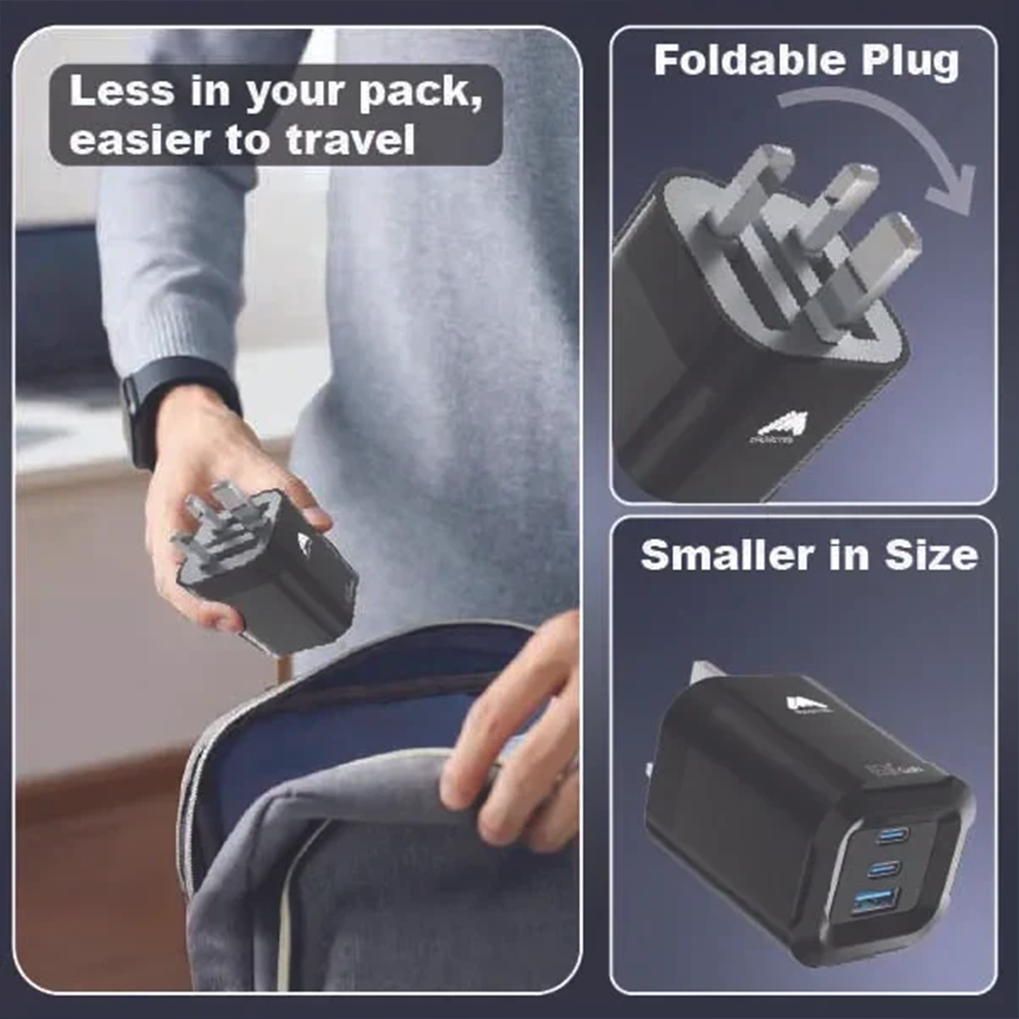 65W Fast Charger 3-Ports Foldable UK Plug with with 60W USB C-to-C Cable