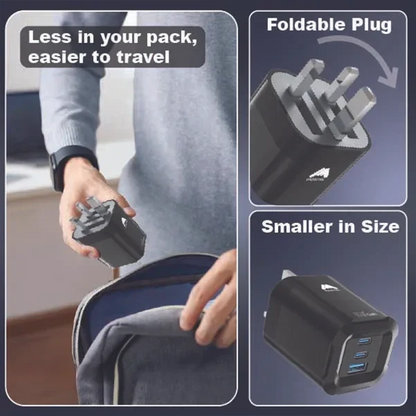65W Fast Charger 3-Ports Foldable UK Plug with with 60W USB C-to-C Cable