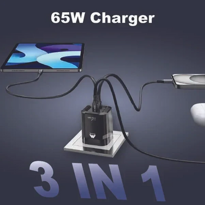 65W Fast Charger 3-Ports Foldable UK Plug with with 60W USB C-to-C Cable