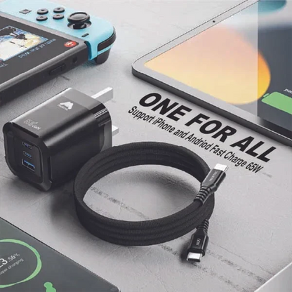 65W Fast Charger 3-Ports Foldable UK Plug with with 60W USB C-to-C Cable