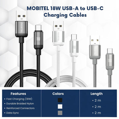 Mobitel USB-A to USB-C Charging Cable 18W 2m 3-Pack