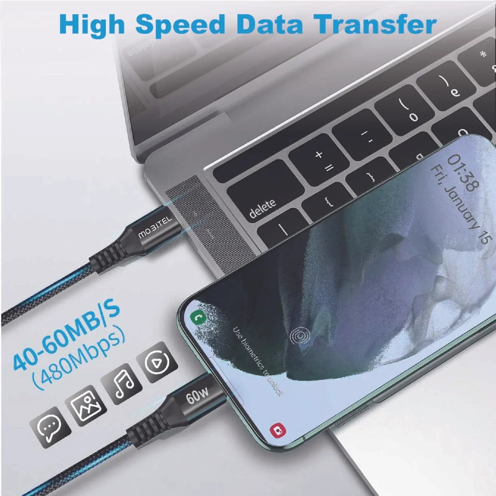 Mobitel USB C to C 60W Fast Charging Cable 1.5M Charging Cable Lead Nylon Braided for iPhone, Samsung, iPad, Macbook, Laptop & More