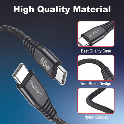 Mobitel USB C to C 60W Fast Charging Cable 1.5M Charging Cable Lead Nylon Braided for iPhone, Samsung, iPad, Macbook, Laptop & More