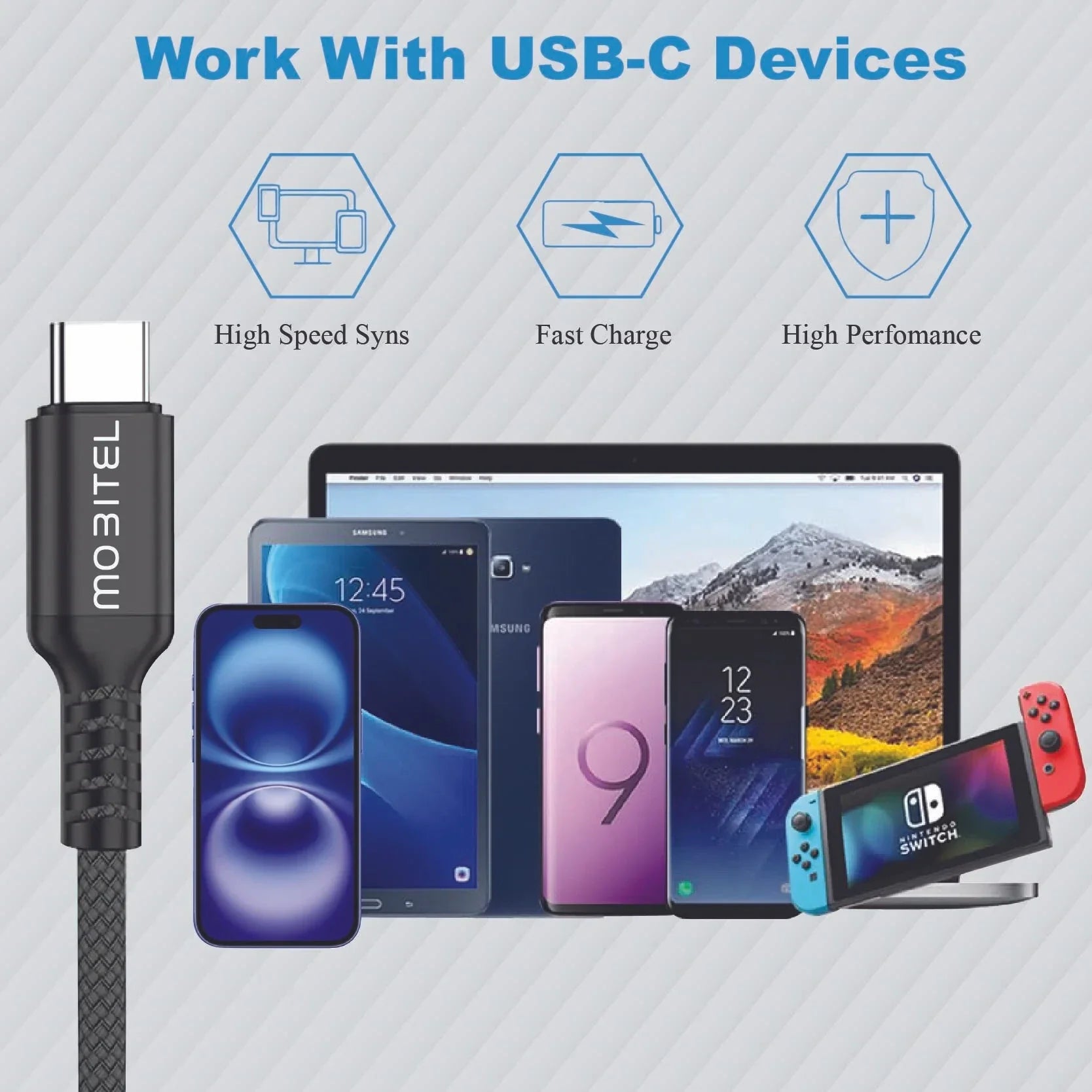 Mobitel USB C to C 60W Fast Charging Cable 1.5M Charging Cable Lead Nylon Braided for iPhone, Samsung, iPad, Macbook, Laptop & More