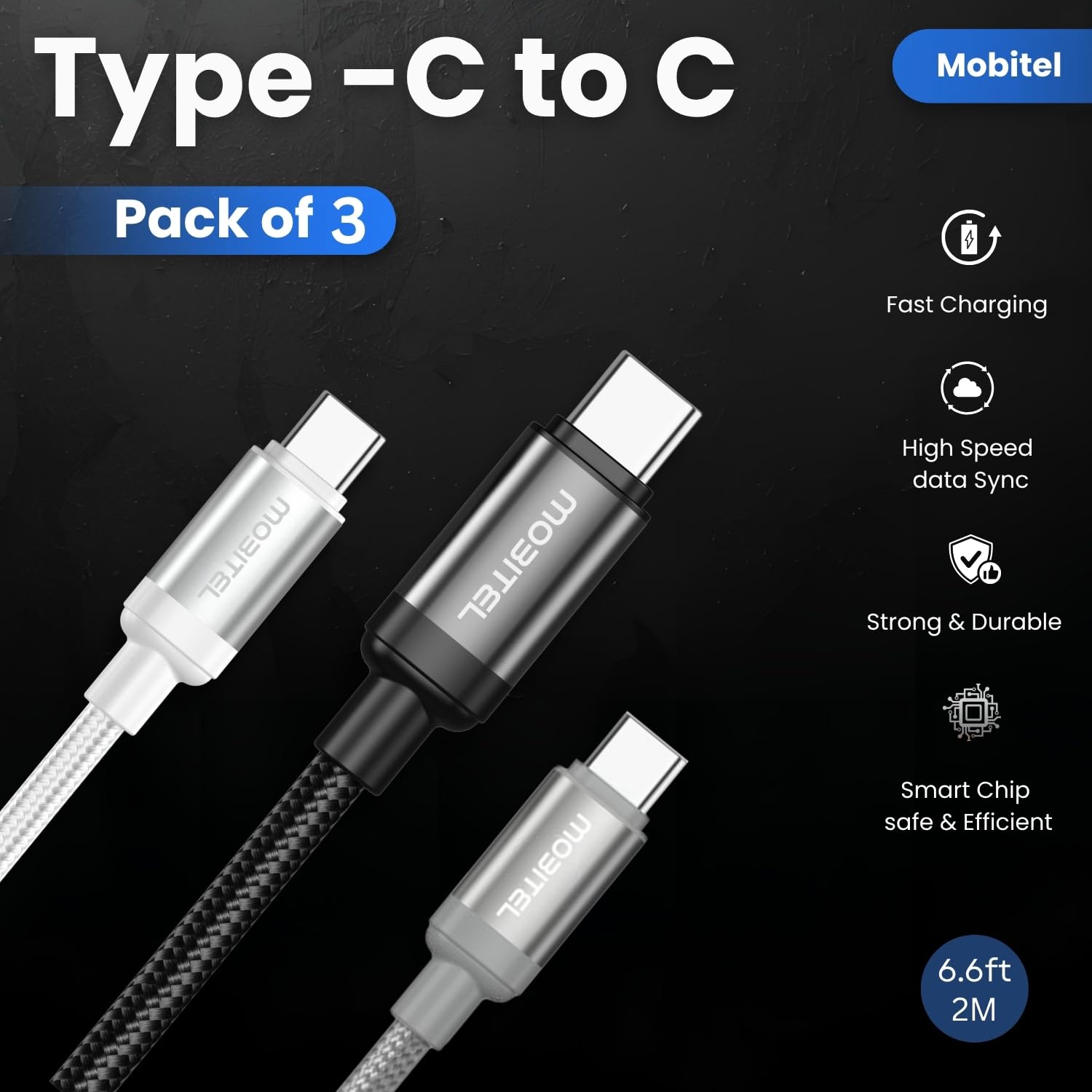 Mobitel USB-C to USB-C Fast Charging Cable 60W 2m 3-Pack