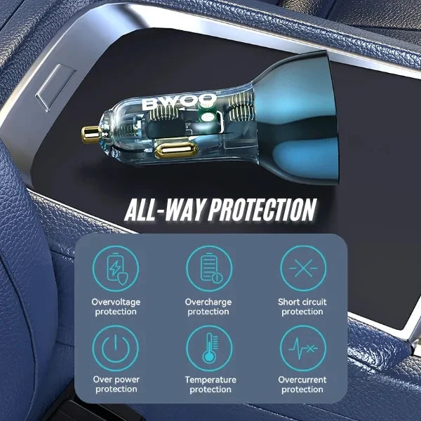 BWOO 90W 3-Ports Transparent Charger with 2 PD Ports and USB-A Car Charger
