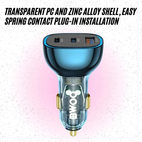 BWOO 90W 3-Ports Transparent Charger with 2 PD Ports and USB-A Car Charger