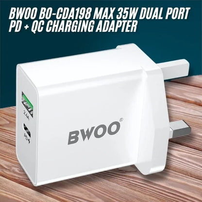 BWOO BO-CDA198 Max 35W Dual Port PD + QC Charging Adapter | USB-C + USB-A