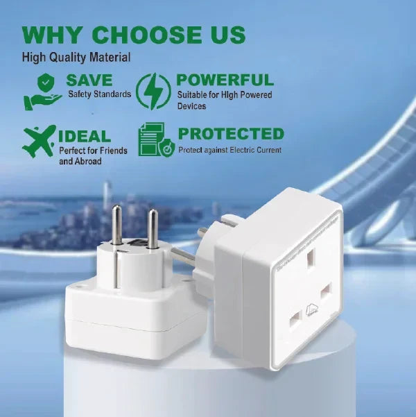 European Travel Adaptor Plug with UK Safety Standards | Double UK to EU Plug Adapter