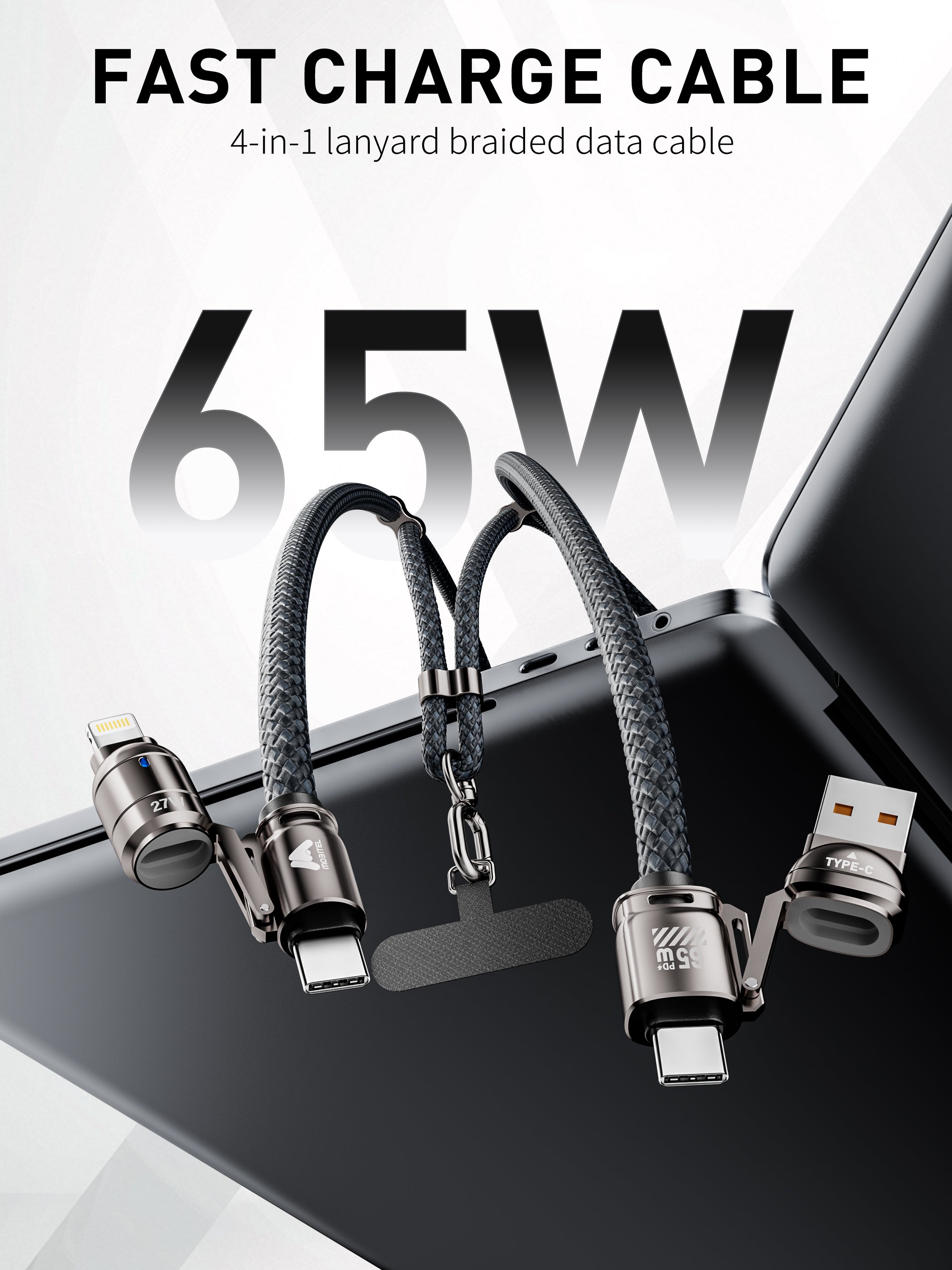 Mobitel 60W Lanyard Charging Cable 1.2M Nylon Braided Cord Lead with Crossbody Strap & Anti Theft Neck Holder