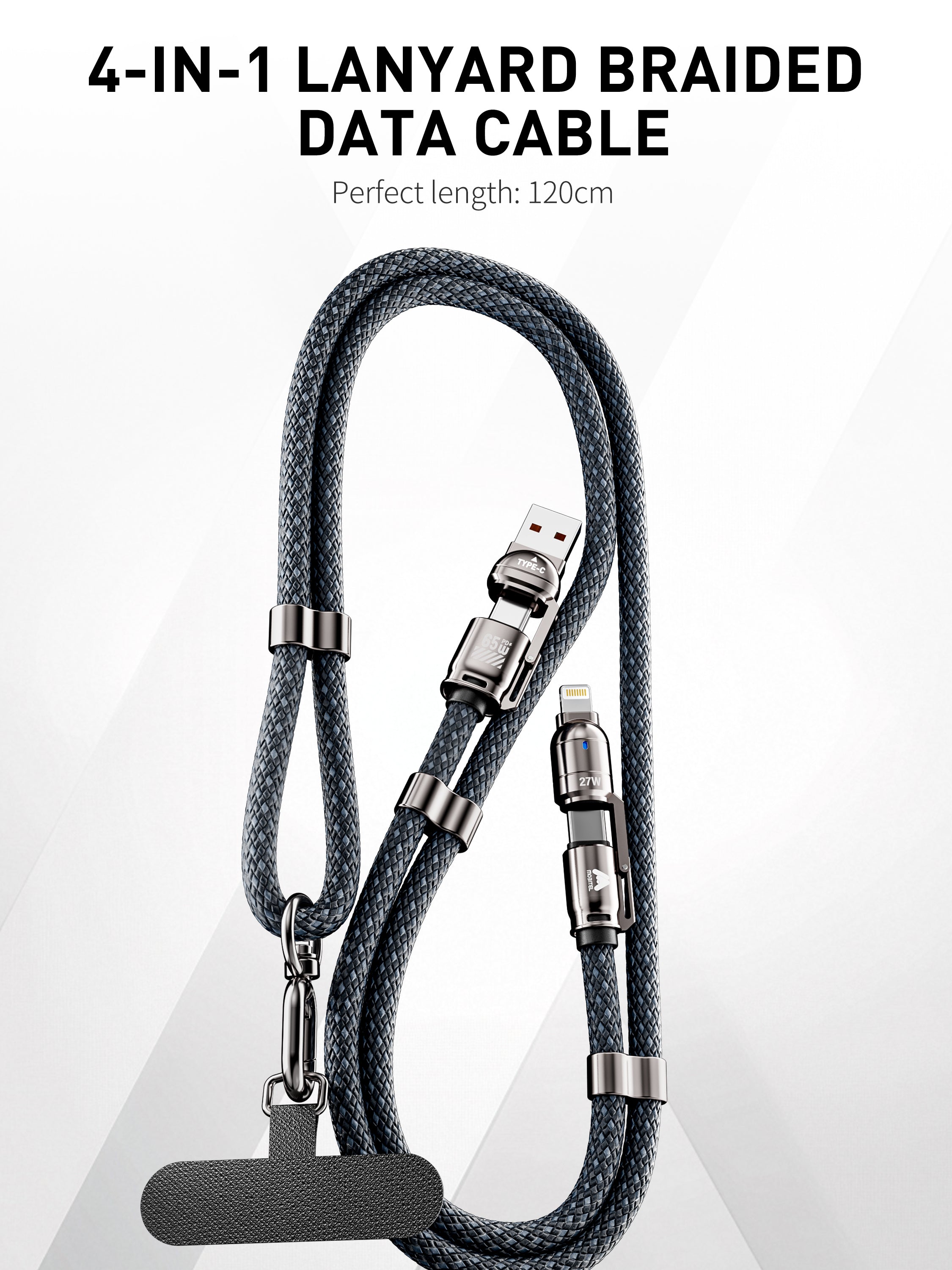 Mobitel 60W Lanyard Charging Cable 1.2M Nylon Braided Cord Lead with Crossbody Strap & Anti Theft Neck Holder