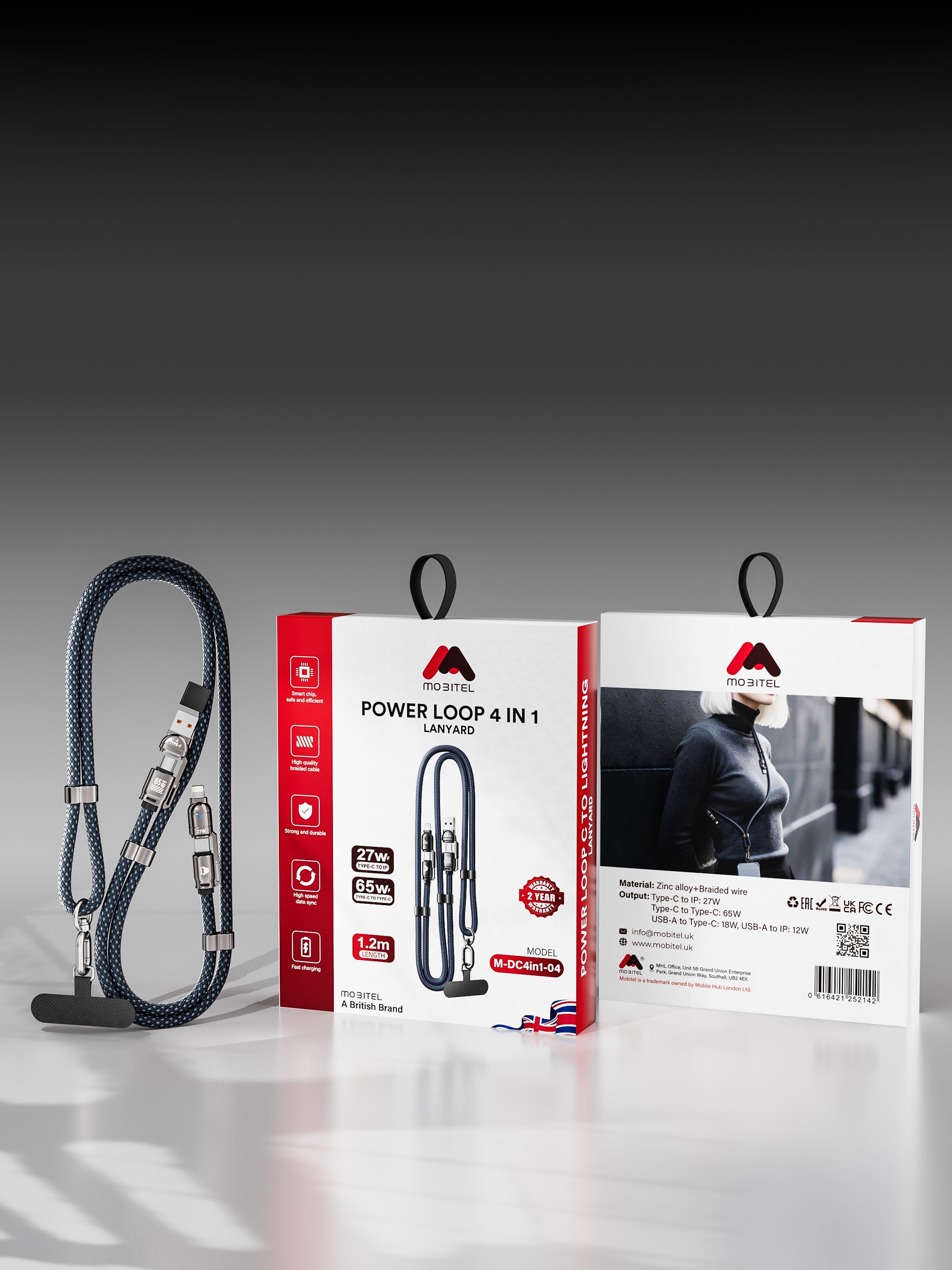 Mobitel 60W Lanyard Charging Cable 1.2M Nylon Braided Cord Lead with Crossbody Strap & Anti Theft Neck Holder