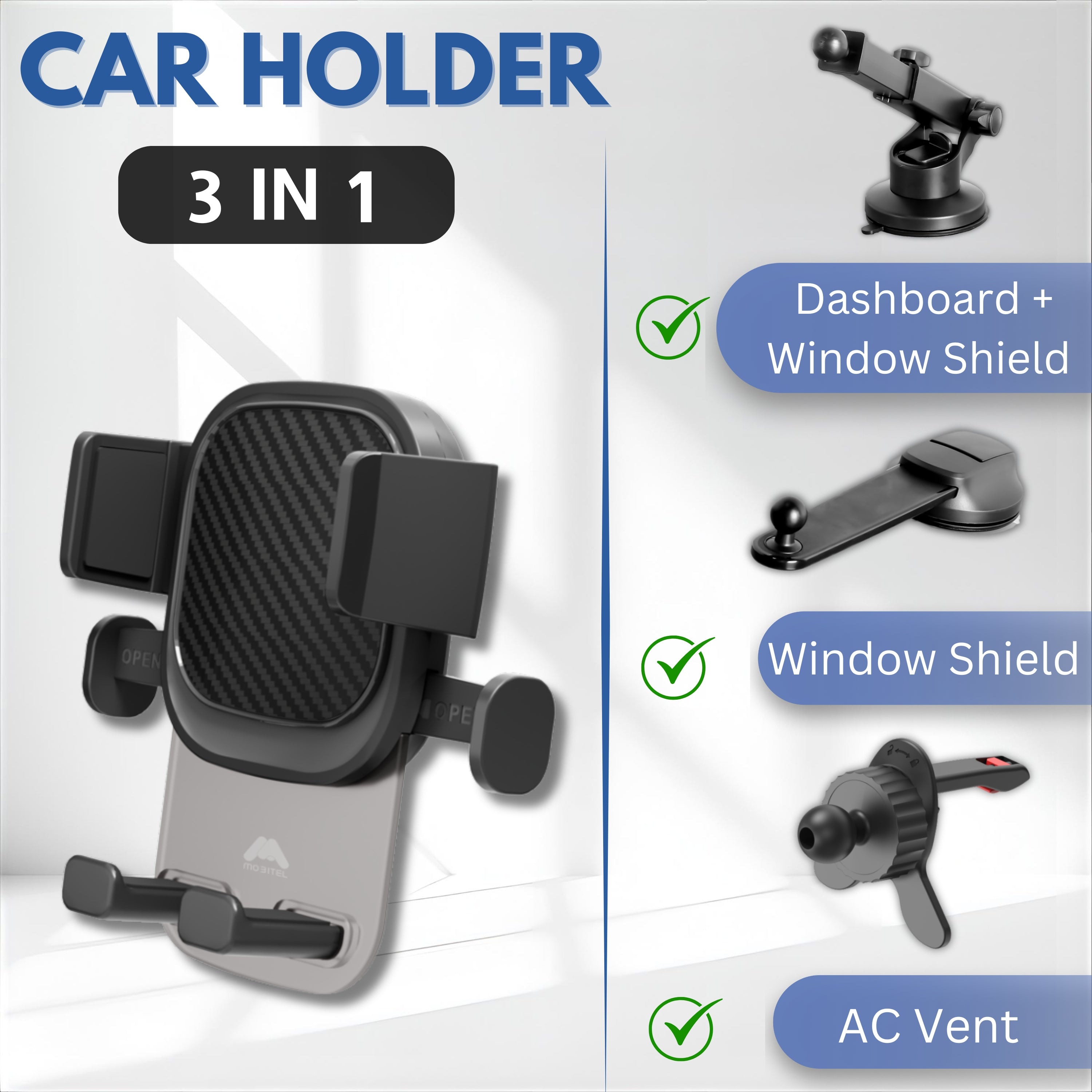 Mobitel 3-in-1 Car Phone Holder with Dashboard Windscreen