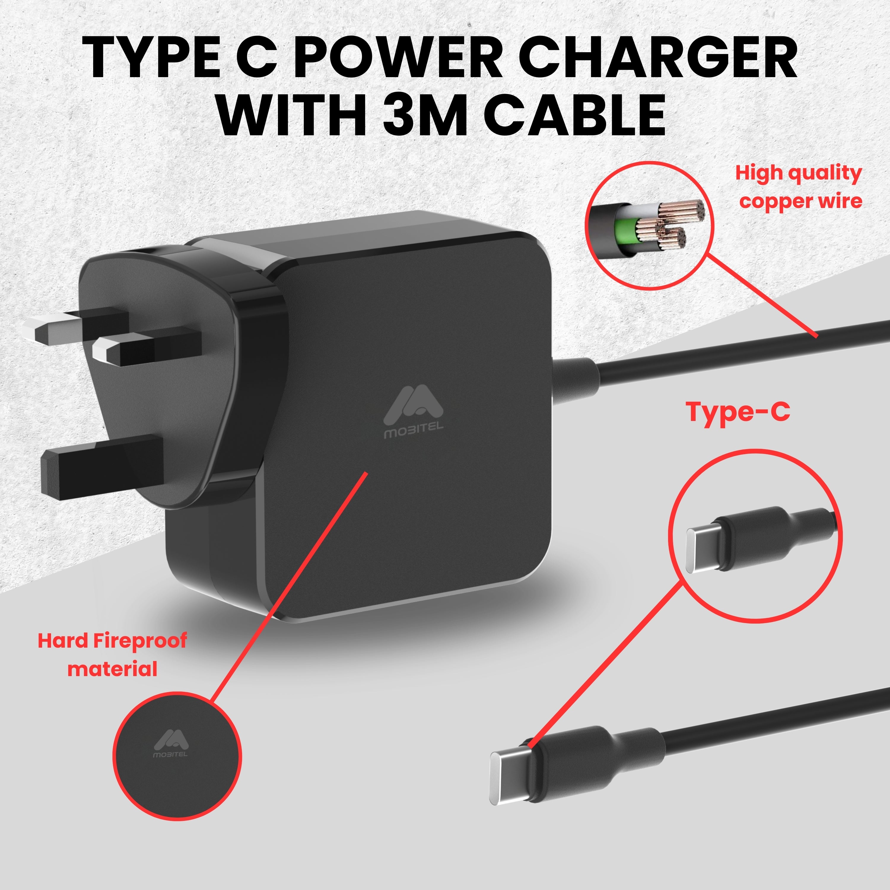 Mobitel 65W GaN USB-C Charger with Built-in 3M Fast Charging