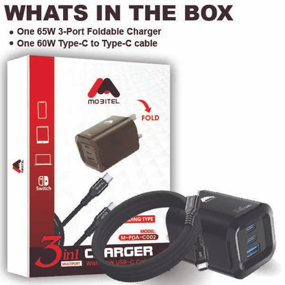 Mobitel USB-C Charger Plug, 65W Fast Charger 3-Ports Foldable UK Plug with 60W C-to-C Cable, for MacBook/iPhone/iPad/All USB-C Devices Black