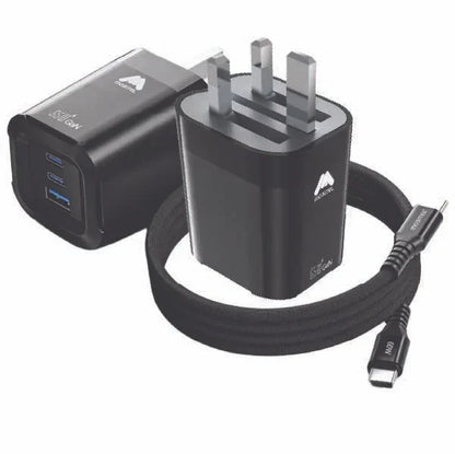 Mobitel USB-C Charger Plug, 65W Fast Charger 3-Ports Foldable UK Plug with 60W C-to-C Cable, for MacBook/iPhone/iPad/All USB-C Devices Black